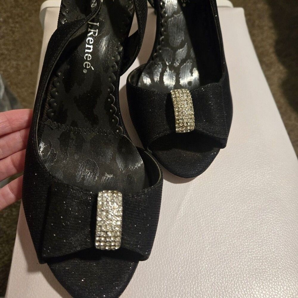 Women's J. Renee Pewter Rhinestone Bow Slingback 2.5" Heels Size 8.5 Shoes